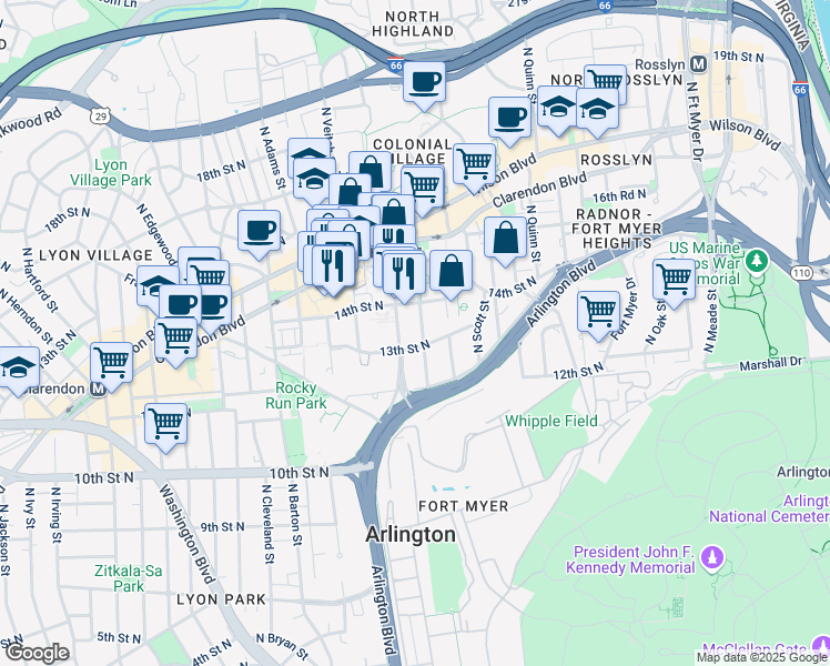 map of restaurants, bars, coffee shops, grocery stores, and more near 1301 North Courthouse Road in Arlington