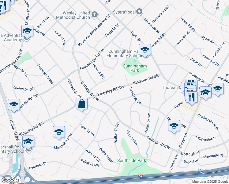 map of restaurants, bars, coffee shops, grocery stores, and more near 118 Kingsley Road Southwest in Vienna