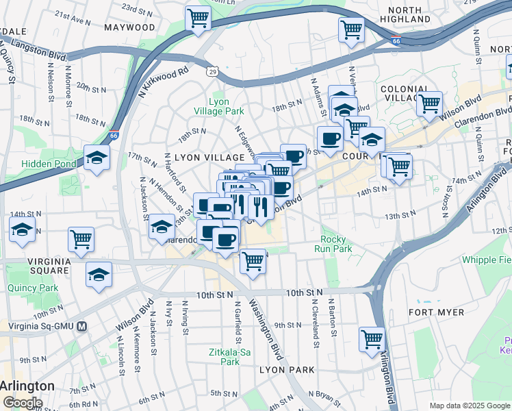 map of restaurants, bars, coffee shops, grocery stores, and more near 2832 Wilson Boulevard in Arlington