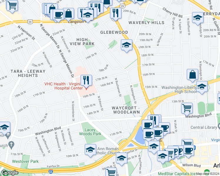 map of restaurants, bars, coffee shops, grocery stores, and more near 4823 16th Street North in Arlington