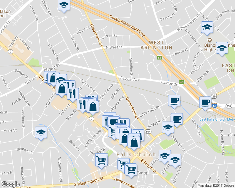 map of restaurants, bars, coffee shops, grocery stores, and more near 312 Riley Street in Falls Church