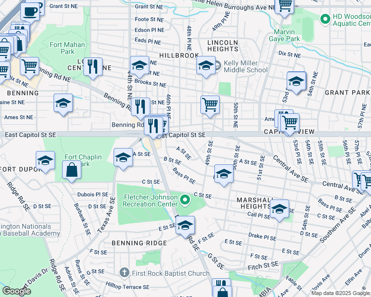 map of restaurants, bars, coffee shops, grocery stores, and more near 4650 A Street Southeast in Washington