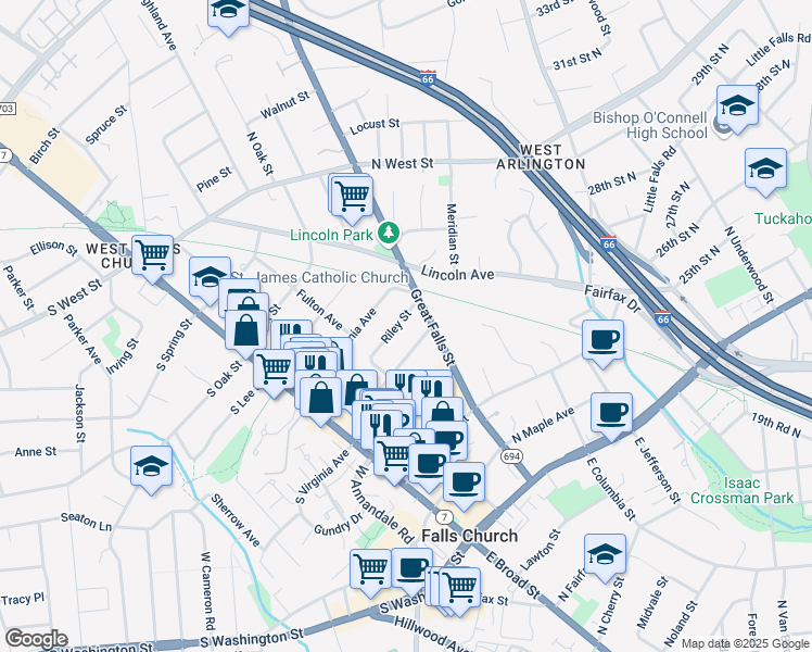 map of restaurants, bars, coffee shops, grocery stores, and more near 312 Riley Street in Falls Church