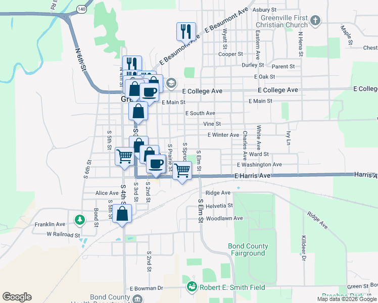 map of restaurants, bars, coffee shops, grocery stores, and more near 502 South Spruce Street in Greenville