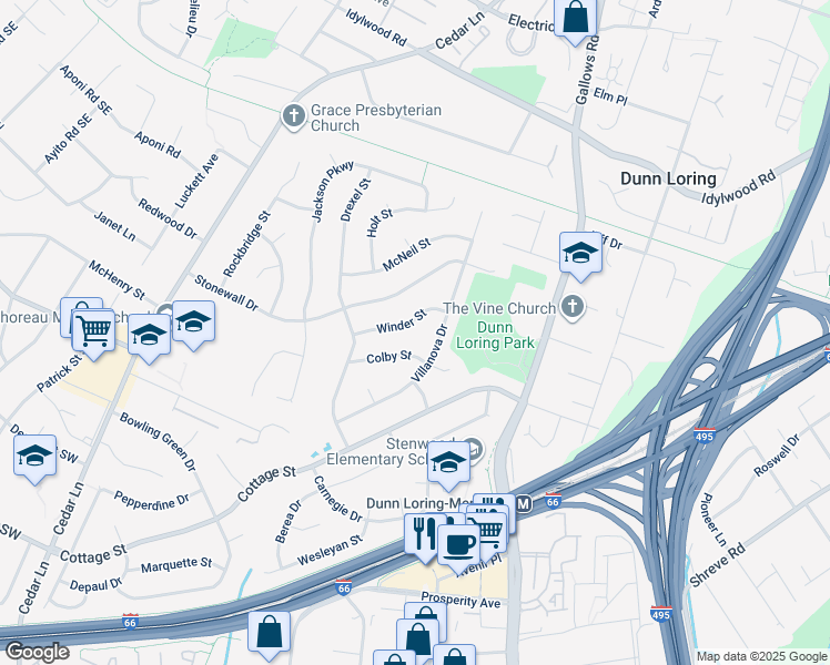 map of restaurants, bars, coffee shops, grocery stores, and more near 8301 Winder Street in Vienna