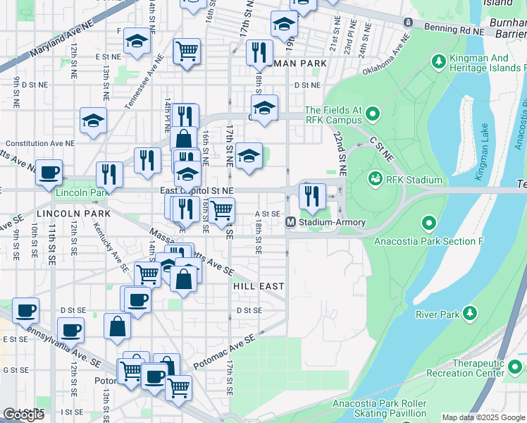 map of restaurants, bars, coffee shops, grocery stores, and more near 101 Independence Avenue Southeast in Washington