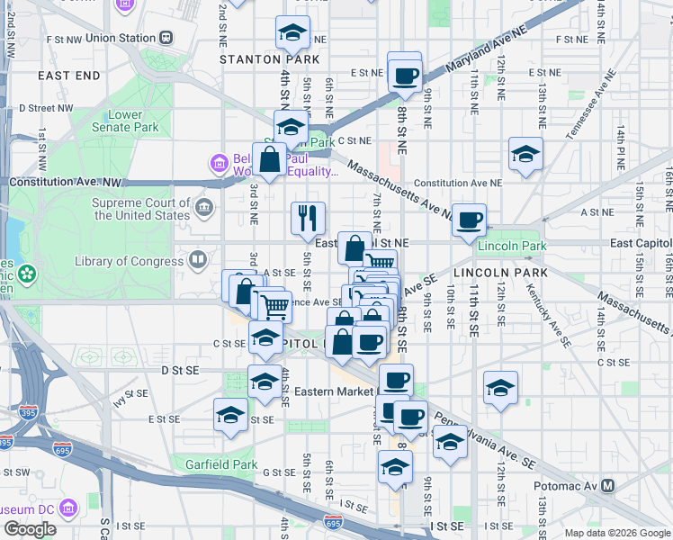 map of restaurants, bars, coffee shops, grocery stores, and more near 101 Independence Avenue Southeast in Washington