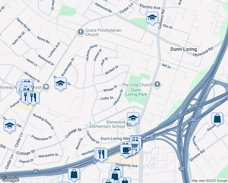 map of restaurants, bars, coffee shops, grocery stores, and more near 8301 Winder Street in Vienna