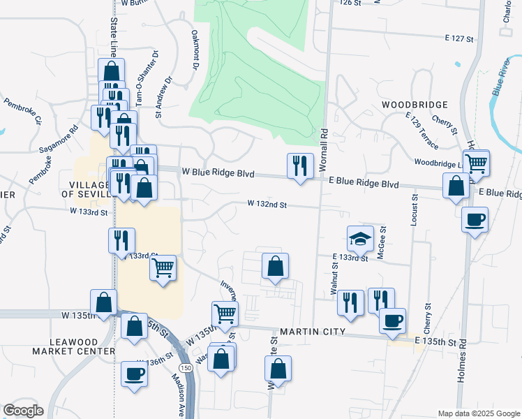 map of restaurants, bars, coffee shops, grocery stores, and more near 217 West 132 Street in Kansas City