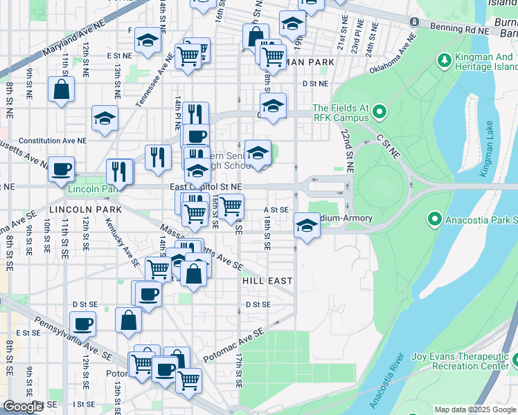 map of restaurants, bars, coffee shops, grocery stores, and more near 1734 A Street Southeast in Washington
