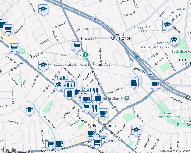 map of restaurants, bars, coffee shops, grocery stores, and more near Great Falls St & N Virginia Ave in Falls Church