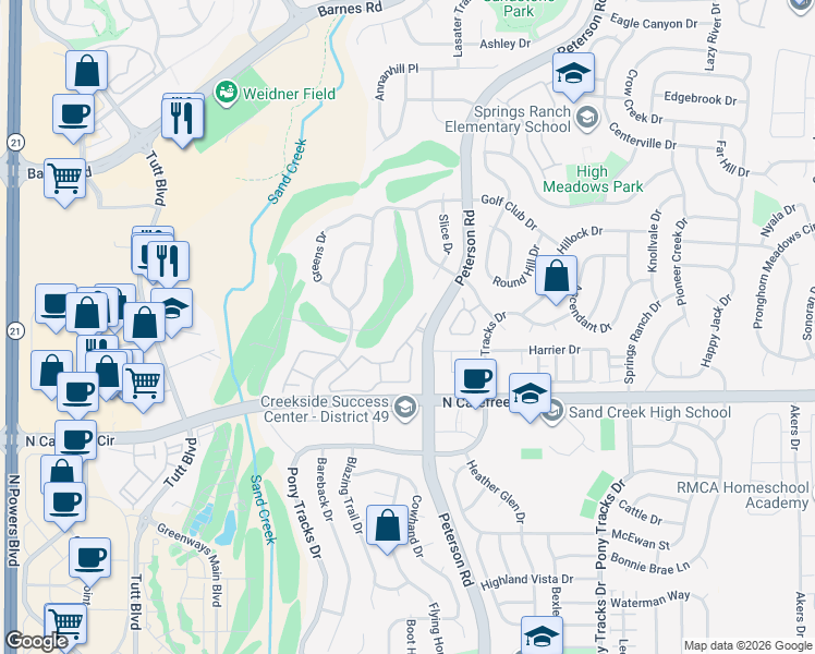 map of restaurants, bars, coffee shops, grocery stores, and more near 3976 Riviera Grove in Colorado Springs