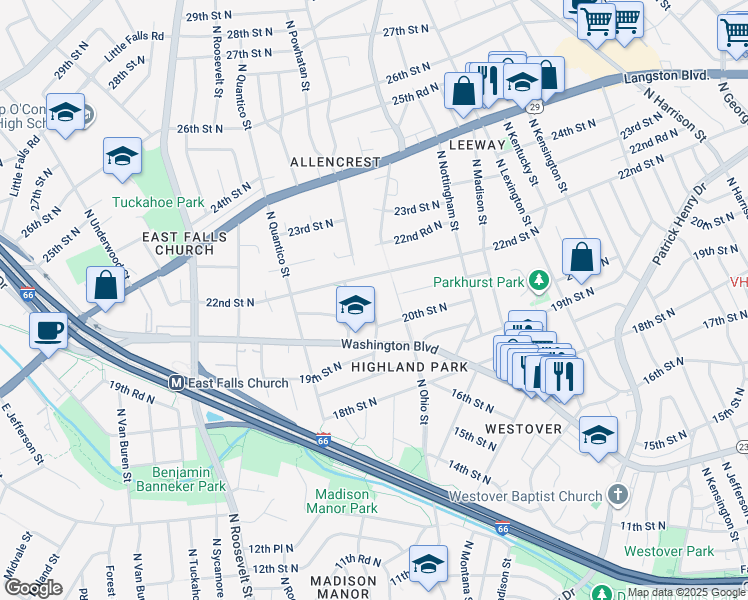 map of restaurants, bars, coffee shops, grocery stores, and more near 2023 North Powhatan Street in Arlington