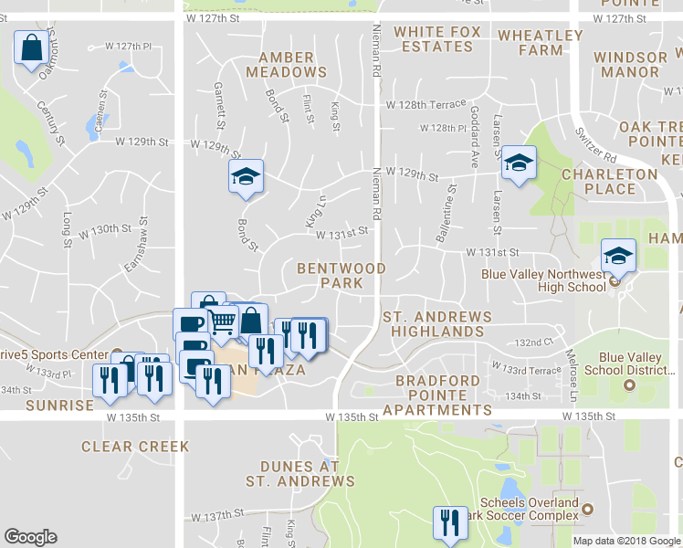 map of restaurants, bars, coffee shops, grocery stores, and more near 13124 King Street in Overland Park