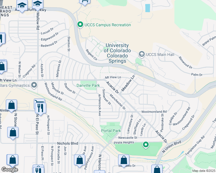 map of restaurants, bars, coffee shops, grocery stores, and more near 1225 Acacia Drive in Colorado Springs