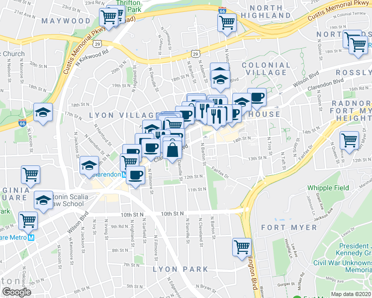 map of restaurants, bars, coffee shops, grocery stores, and more near 2622 Clarendon Boulevard in Arlington