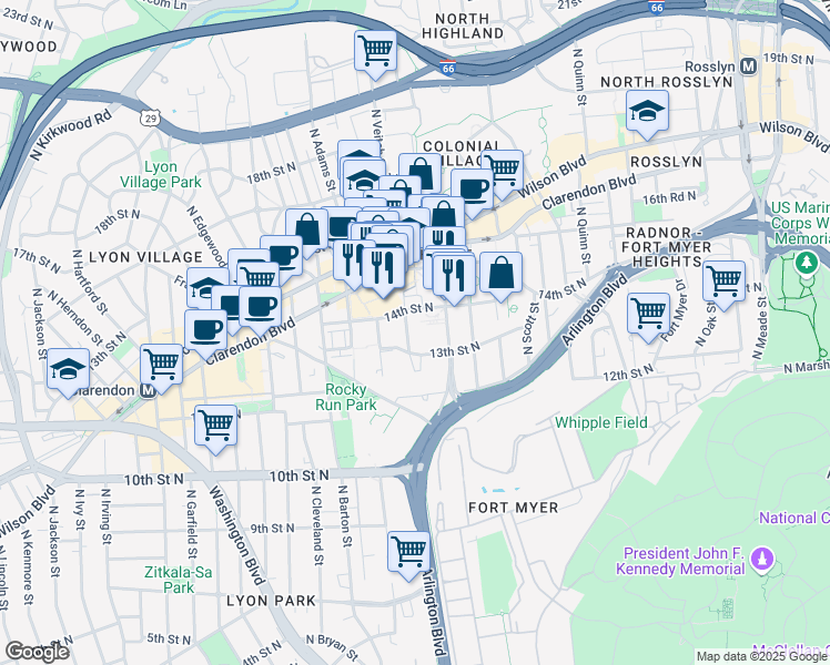 map of restaurants, bars, coffee shops, grocery stores, and more near 1320 North Courthouse Road in Arlington