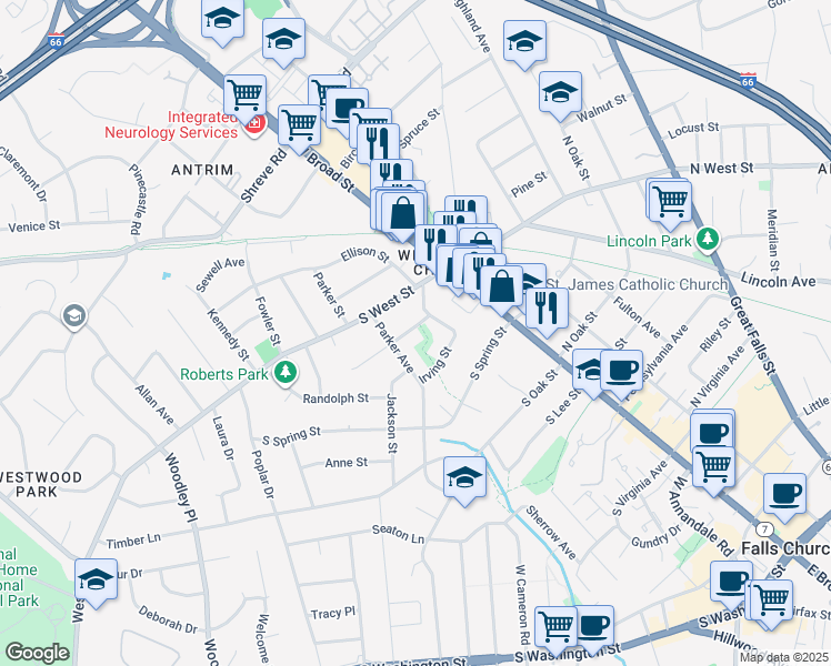 map of restaurants, bars, coffee shops, grocery stores, and more near 231 Kent Street in Falls Church