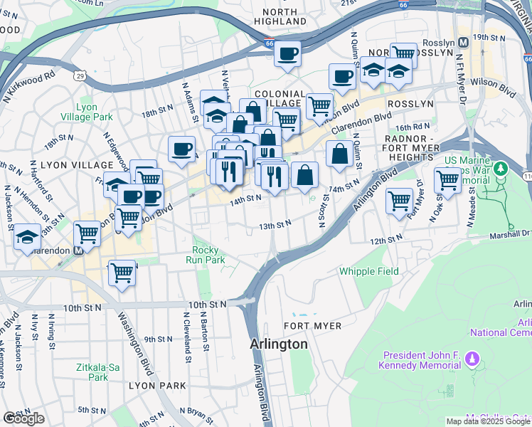 map of restaurants, bars, coffee shops, grocery stores, and more near 1310 North Courthouse Road in Arlington