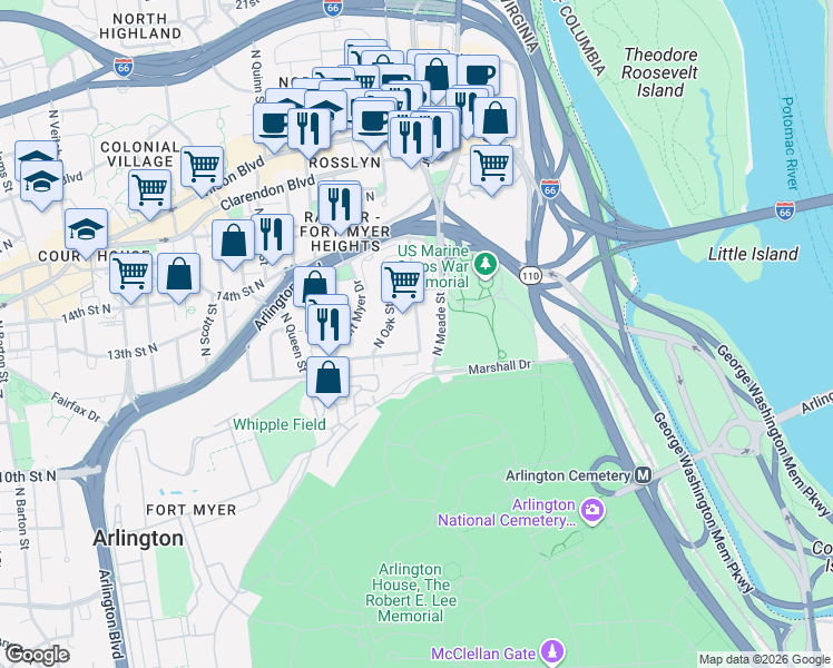 map of restaurants, bars, coffee shops, grocery stores, and more near 101 Independence Avenue Southeast in Washington