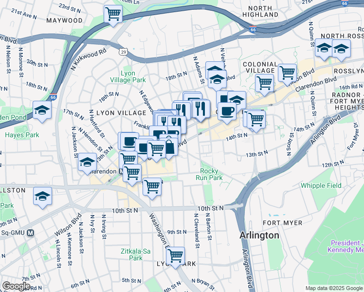 map of restaurants, bars, coffee shops, grocery stores, and more near 2622 Clarendon Boulevard in Arlington