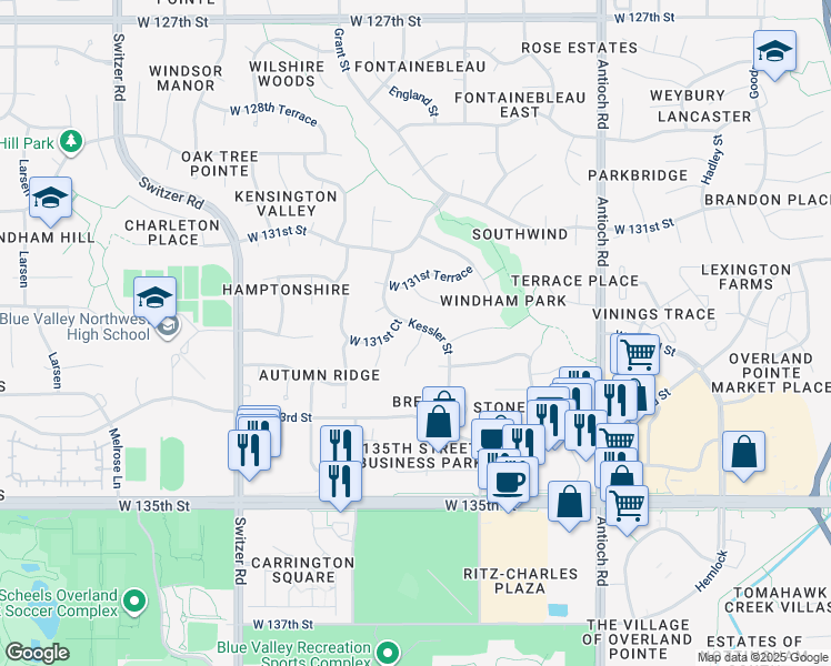 map of restaurants, bars, coffee shops, grocery stores, and more near 13162 England Street in Overland Park