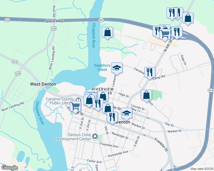 map of restaurants, bars, coffee shops, grocery stores, and more near 307 North 4th Street in Denton