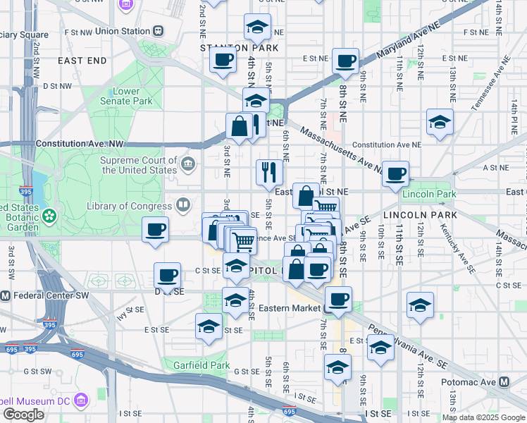 map of restaurants, bars, coffee shops, grocery stores, and more near 101 Independence Avenue Southeast in Washington