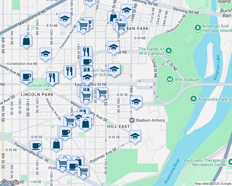map of restaurants, bars, coffee shops, grocery stores, and more near 101 Independence Avenue Southeast in Washington