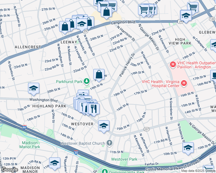 map of restaurants, bars, coffee shops, grocery stores, and more near 5629 18th Road North in Arlington