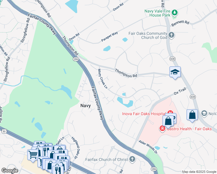 map of restaurants, bars, coffee shops, grocery stores, and more near 12768 Misty Creek Lane in Fairfax