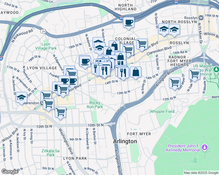 map of restaurants, bars, coffee shops, grocery stores, and more near 1320 North Veitch Street in Arlington