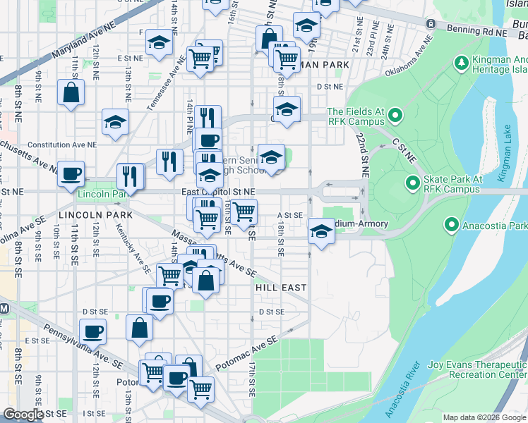 map of restaurants, bars, coffee shops, grocery stores, and more near 1718 A Street Southeast in Washington