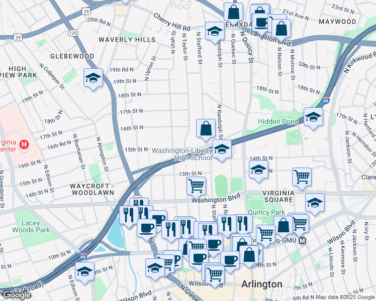 map of restaurants, bars, coffee shops, grocery stores, and more near 4246 15th St N in Arlington