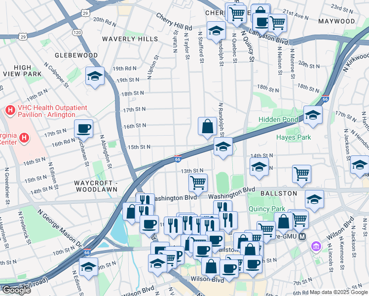 map of restaurants, bars, coffee shops, grocery stores, and more near 1420 North Taylor Street in Arlington