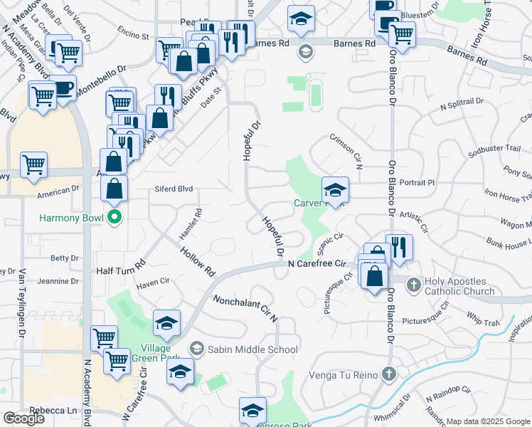 map of restaurants, bars, coffee shops, grocery stores, and more near 3925 Hopeful Drive in Colorado Springs