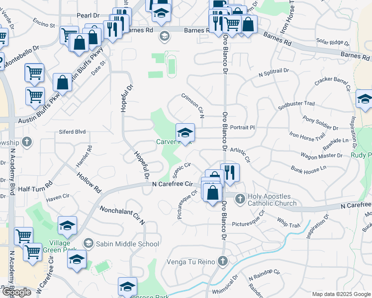 map of restaurants, bars, coffee shops, grocery stores, and more near 4740 Artistic Circle in Colorado Springs
