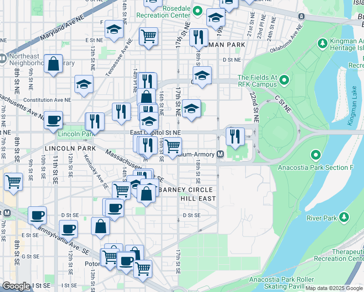 map of restaurants, bars, coffee shops, grocery stores, and more near 101 Independence Avenue Southeast in Washington