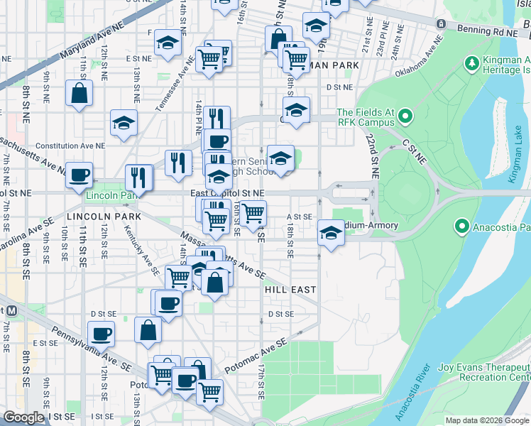 map of restaurants, bars, coffee shops, grocery stores, and more near 101 Independence Avenue Southeast in Washington