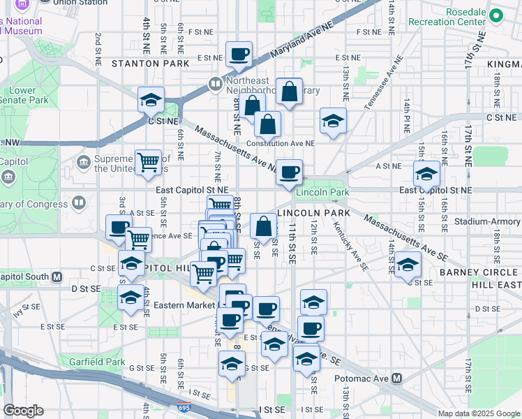 map of restaurants, bars, coffee shops, grocery stores, and more near 902 A Street Southeast in Washington