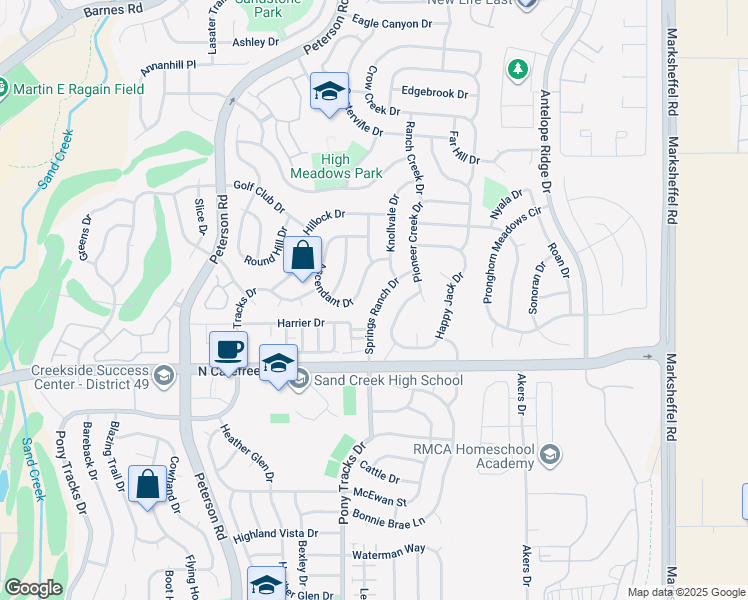 map of restaurants, bars, coffee shops, grocery stores, and more near 3868 Springs Ranch Drive in Colorado Springs