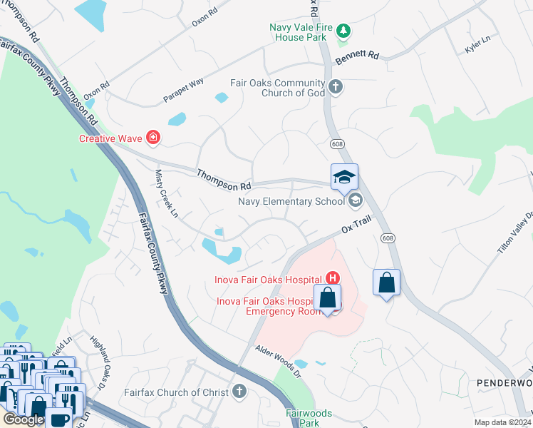 map of restaurants, bars, coffee shops, grocery stores, and more near 3612 Paramount Road in Fairfax