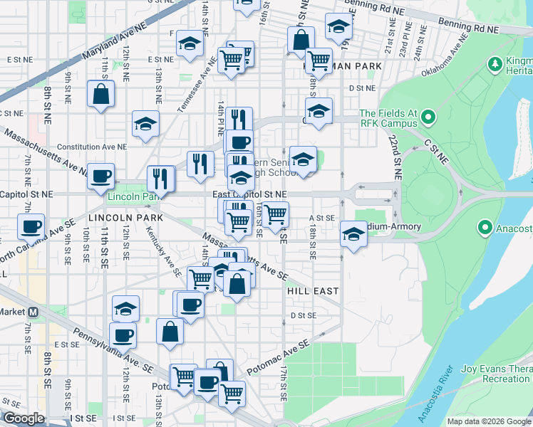map of restaurants, bars, coffee shops, grocery stores, and more near 101 Independence Avenue Southeast in Washington