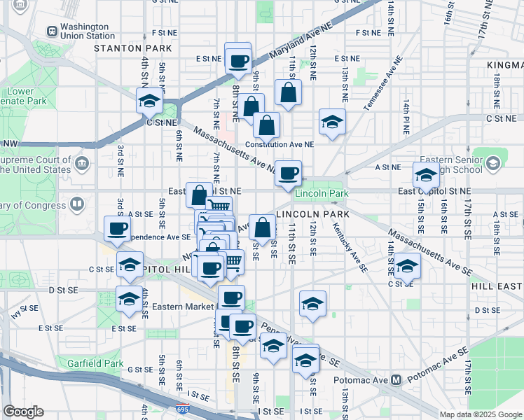 map of restaurants, bars, coffee shops, grocery stores, and more near 906 A Street Southeast in Washington