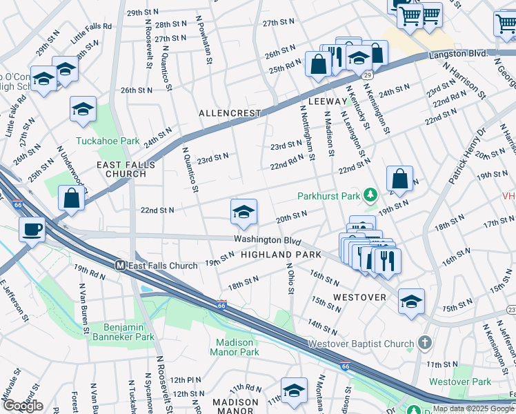 map of restaurants, bars, coffee shops, grocery stores, and more near 2023 North Powhatan Street in Arlington
