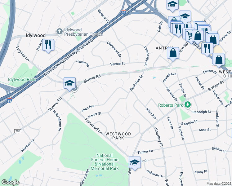 map of restaurants, bars, coffee shops, grocery stores, and more near 7409 Allan Avenue in Falls Church