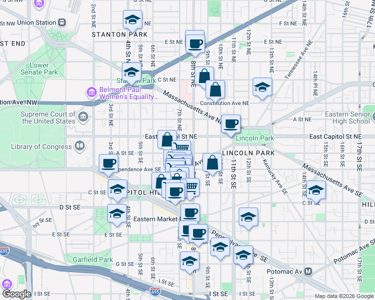 map of restaurants, bars, coffee shops, grocery stores, and more near 710 A Street Southeast in Washington