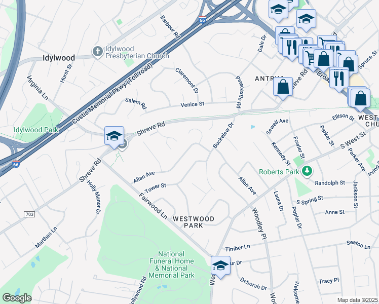map of restaurants, bars, coffee shops, grocery stores, and more near 7409 Allan Avenue in Falls Church