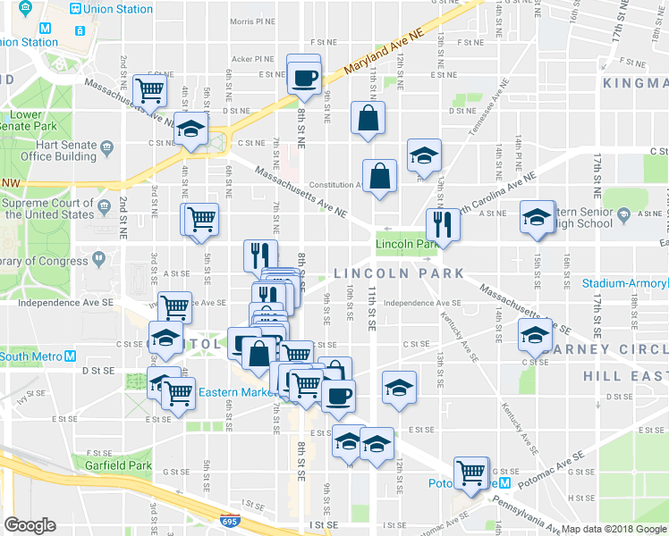 map of restaurants, bars, coffee shops, grocery stores, and more near 906 A Street Southeast in Washington