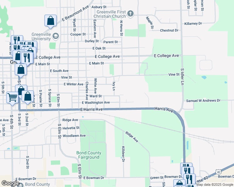 map of restaurants, bars, coffee shops, grocery stores, and more near 1011 Ward Street in Greenville